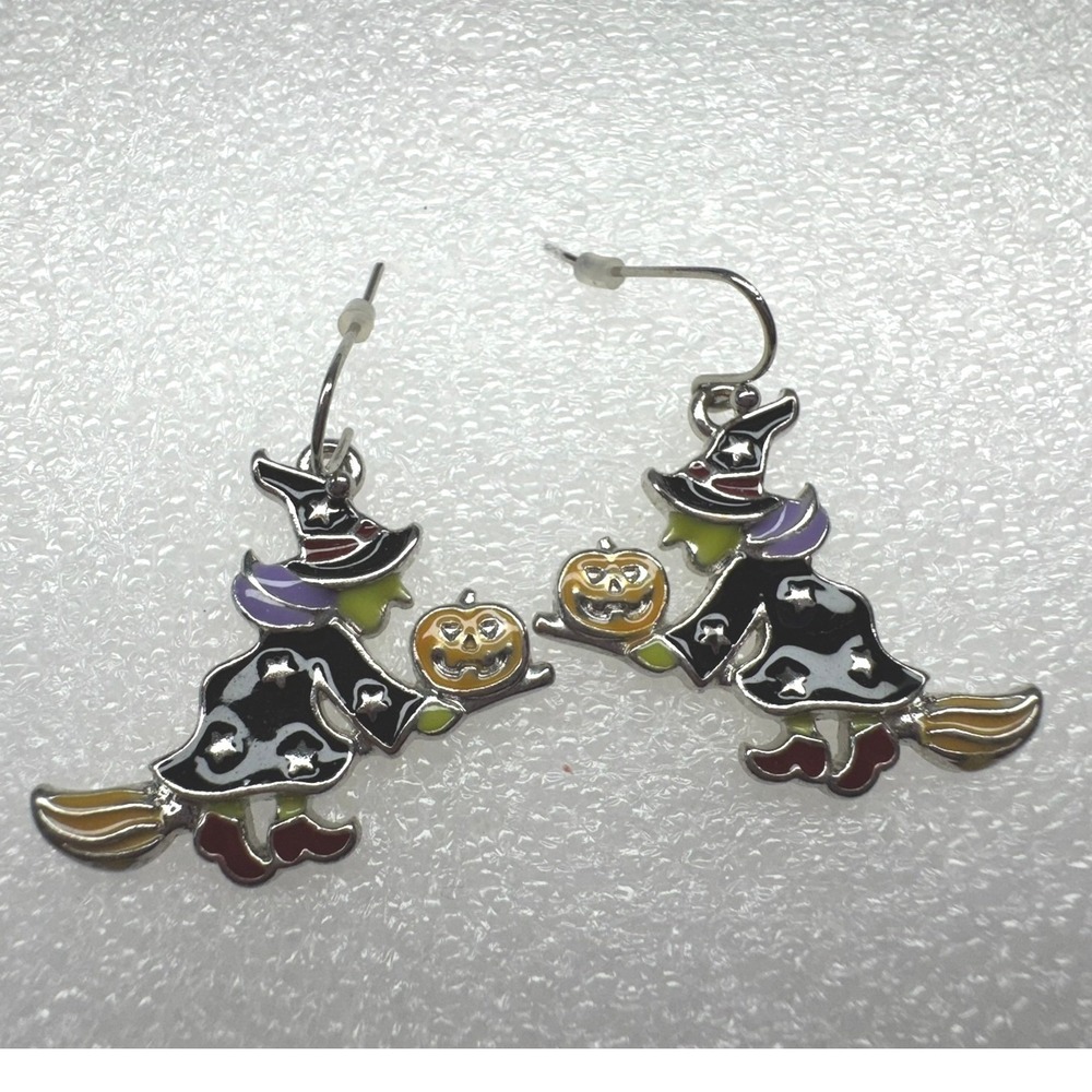 Halloween Witch Broom Pumpkin‎ Dangle Earrings Enchanted Spooky Fun